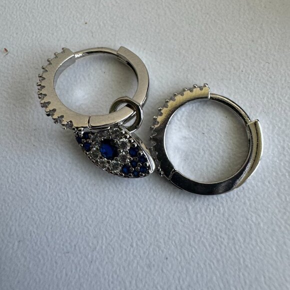 925 Sterling Silver Evil Eye Hoop Earrings – Blue & White Cubic Zirconia - Picture 6 of 8